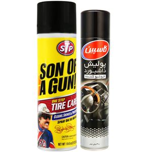 اسپری تمیز کننده لاستیک خودرو اس تی پی مدل son of a gun به همراه اسپری پولیش داشبورد کاسپین