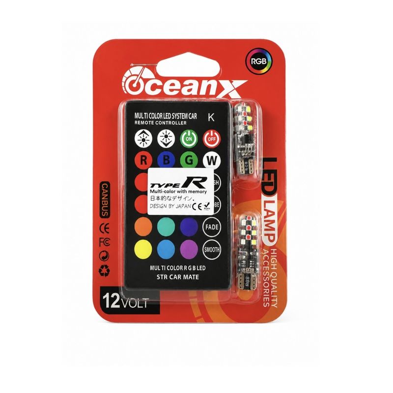 لامپ ال ای دی خودرو تایپر مدل مولتی کالر 18smd کد oceanx پایه آریایی سکن w5w t10 مجموعه 4عددی
